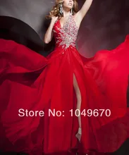 Neue Mode 2016 Rot Prom Kleider Mit Kristallen Halter Chiffon Bodenlangen Formale Abendkleider Slit Frauen F & M-579