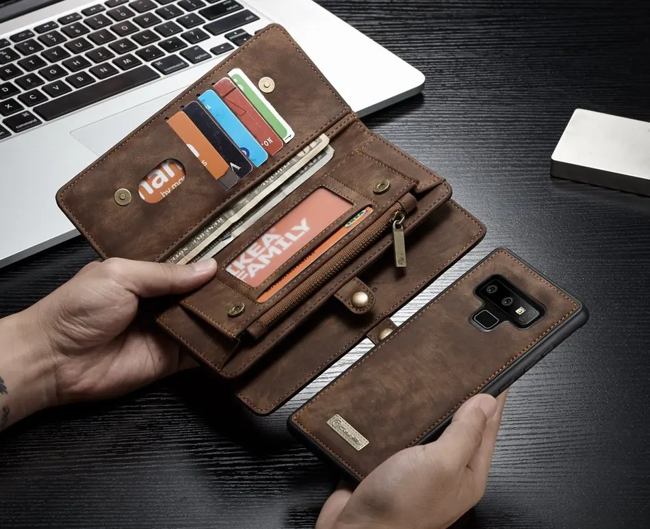 14 Slots Zipper Wallet with Removable Back Cover Leather Case for Samsung Galaxy Note 8 9 10 Plus Hand Sewing Purse | Мобильные