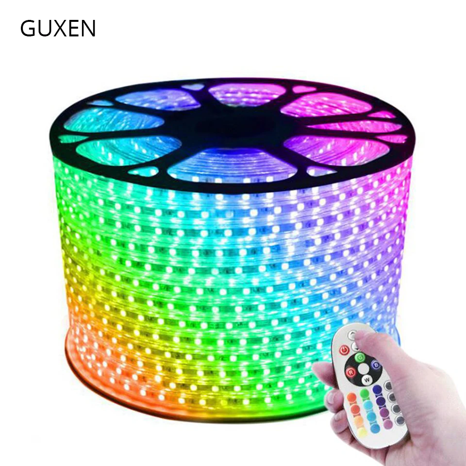 GUXEN 5050 RGB светодиодный светильник 110 В 220 В 60 светодиодов/м IP65 водонепроницаемая светодиодная лампа для гостиной+ блок питания+ ИК-пульт дистанционного управления