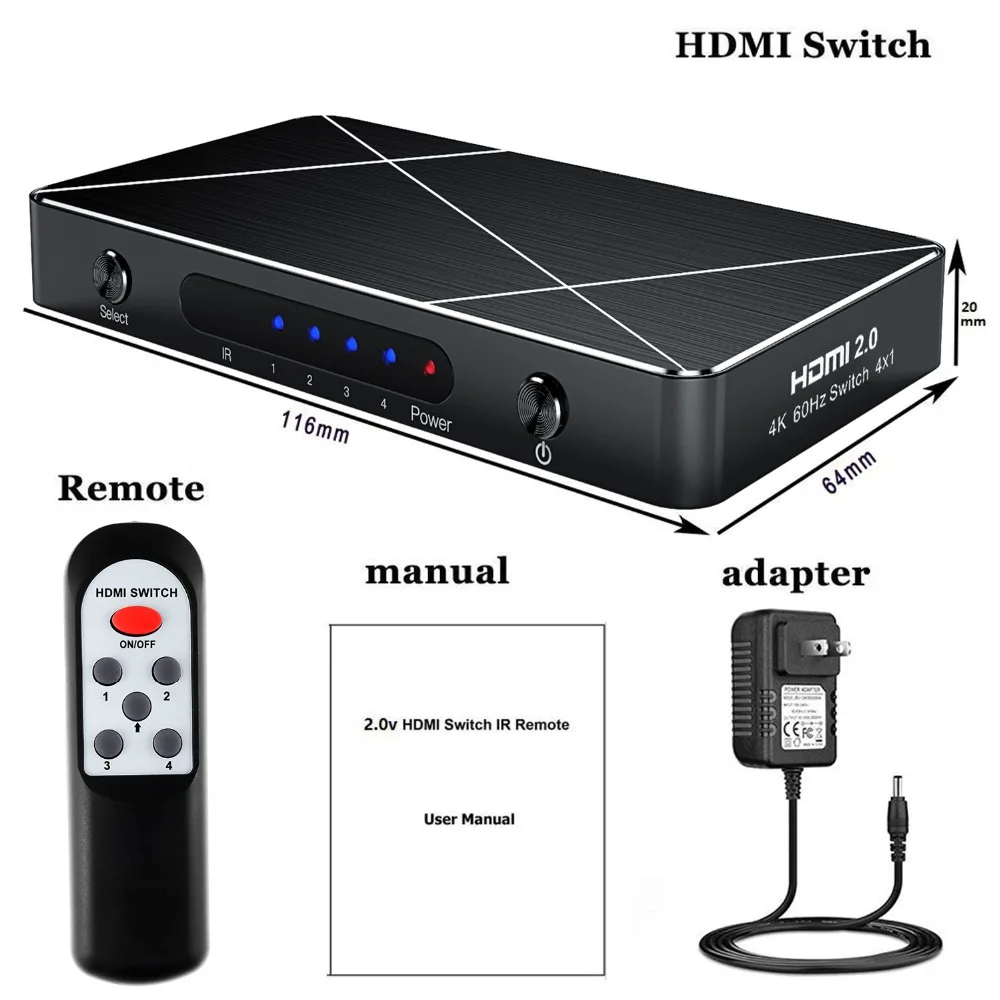 4x1 HDMI 2 0 переключатель 4K 60Hz 4:4:4 HDR 4 порта селектор с пультом дистанционного