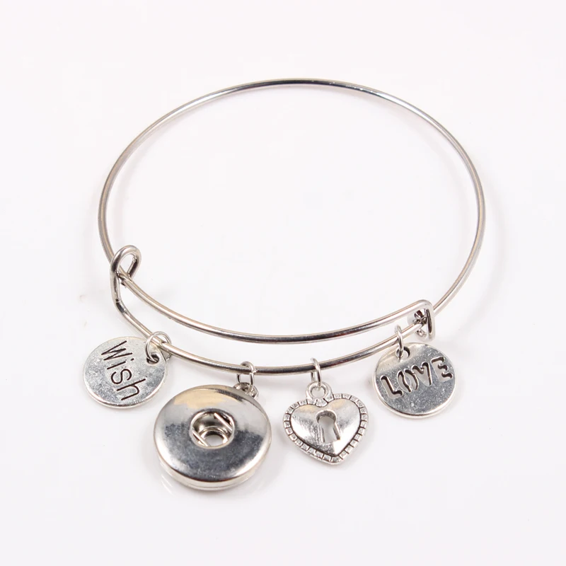 

Love Wish Charms Copper Silver 18mm Snap Button Adjustable Wire Bangles Jewelry 10pcs