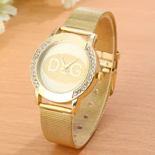 New Model DQG Gold Metallic Mesh Stainless Metal Ladies Watches Crystal Informal Quartz Watch Ladies Clock Relogio Feminino Scorching sale