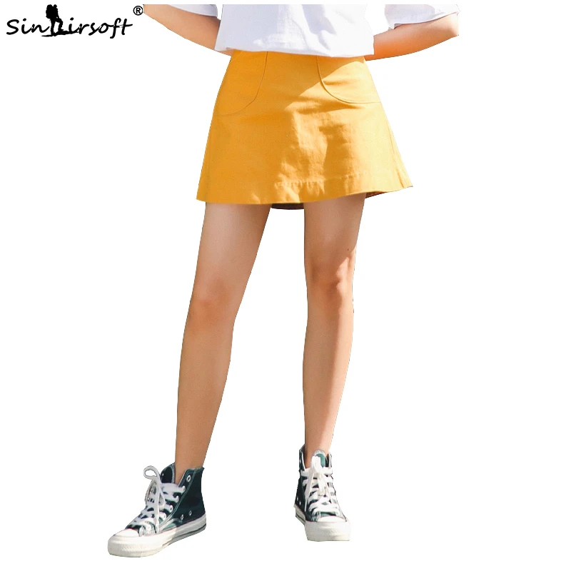 

Cotton Sweet Girls High Waist A-Line Short Skirt Women Solid Casual Orange Streetwear Mini Skirts Female Pocket Summer Hot Sales