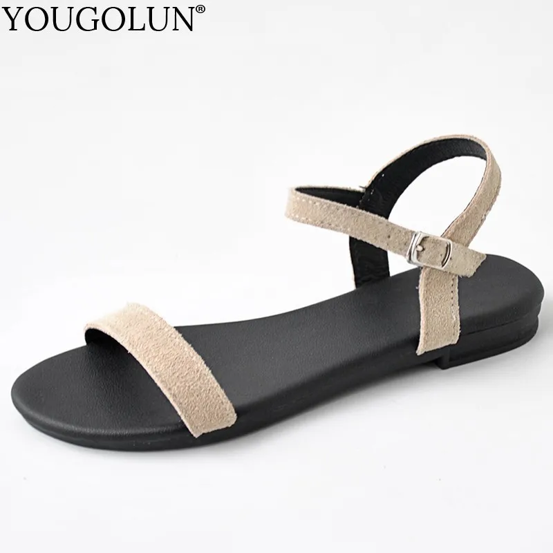

Women Flat Sandals Cow Suede Ankle Strap Pink Apricot Black Summer Shoes G103