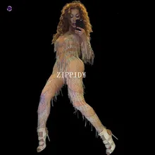 Сексуальный комбинезон с кисточками телесного цвета, женские обтягивающие леггинсы, Одежда для танцев, боди, верхняя одежда, камни, полый комбинезон, наряд, платье для выступлений