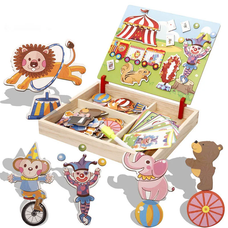 

Wooden Magnetic Puzzle Toys 3D Figure/Animal/ Vehicle /Circus Puzzle Drawing Board Learning Wood Toys for Children Birthday Gift