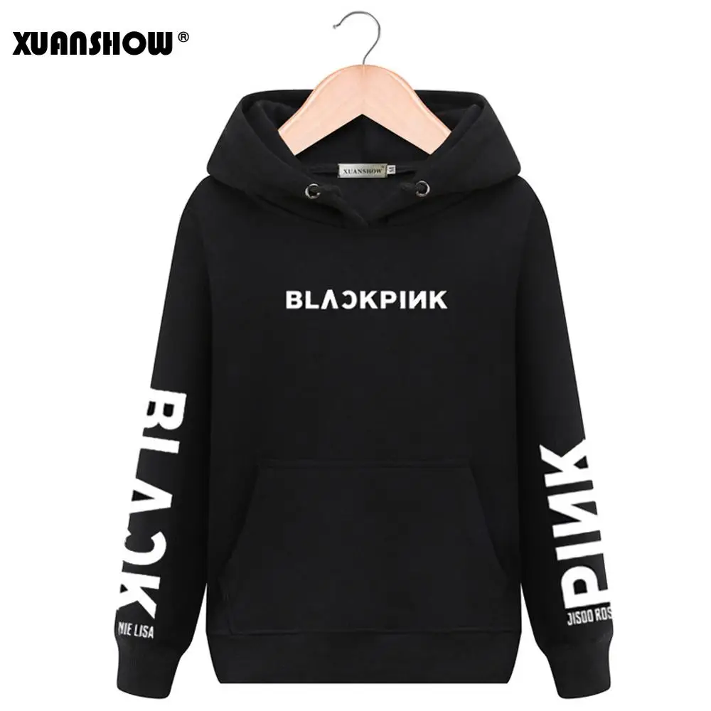 XUANSHOW модные толстовки унисекс Swirtshirts Blackpink KPOP с длинным рукавом шляпа одежда Пуловеры Кофты Sudadera Mujer S-XXL - Цвет: Black