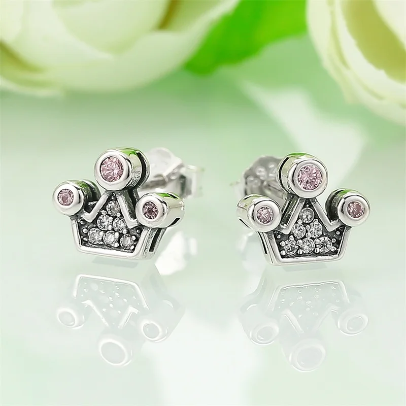AZIZ BEKKAOUI милые стерлингового серебра 925 розовые кристаллы Королева Корона горный серьги гвоздики для женщин femme Fine Jewelry подарок