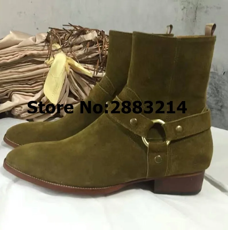 Black Brown Round Toe Buckle Strap Men Real Suede Leather Flats Boots Shoes Italy Style Man Chelsea Boots Shoes Euro Size 37-46