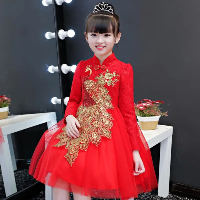 

Tang Suit Girls New Year Dress Elegant Children Wedding Party Gown Pageant Kids Peacock Frocks Princess Birthday Dress for 4-9T