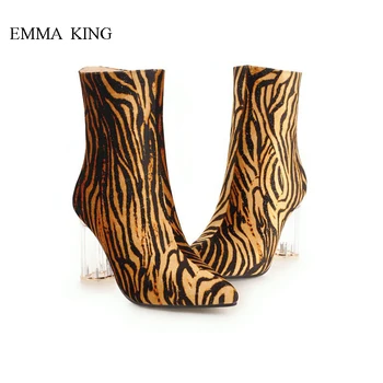 

Spring Autumn Women Sexy Leopard Transparent Square High Heels Zipper Pointed Toe Martin Boots Fashion Ankle Boots Women Shoes