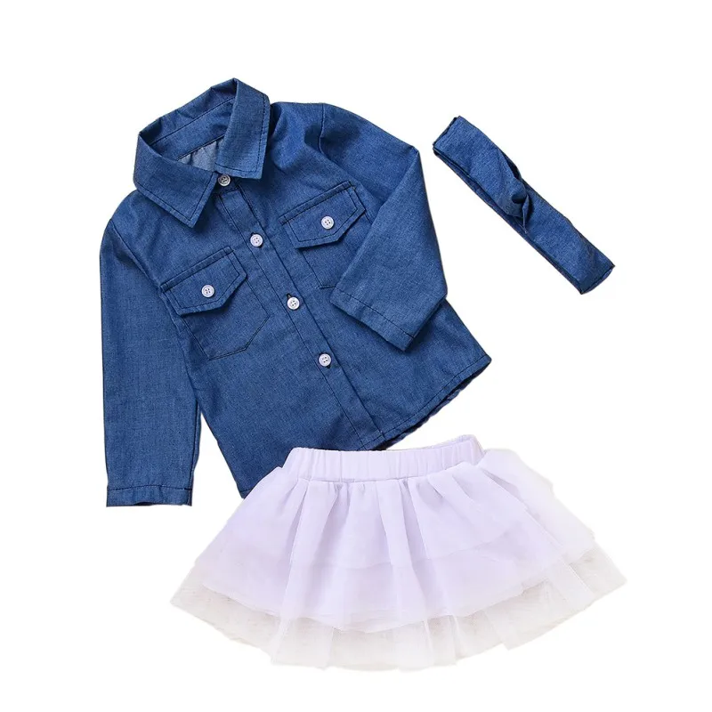 Для маленьких девочек джинсовые комплекты топы с длинными рукавами рубашка + Сетчатое платье + повязка на голову 3 шт./компл