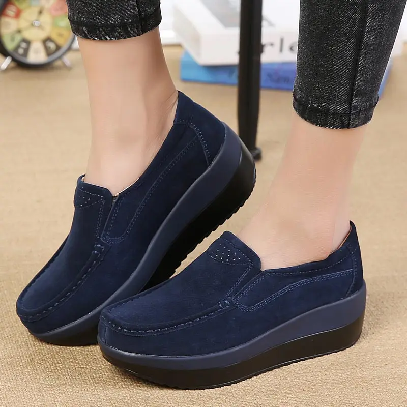Женская обувь на платформе; коллекция года; модная повседневная женская обувь из натуральной кожи; кроссовки; женские лоферы с круглым носком; женская обувь на плоской подошве - Цвет: Dark Blue