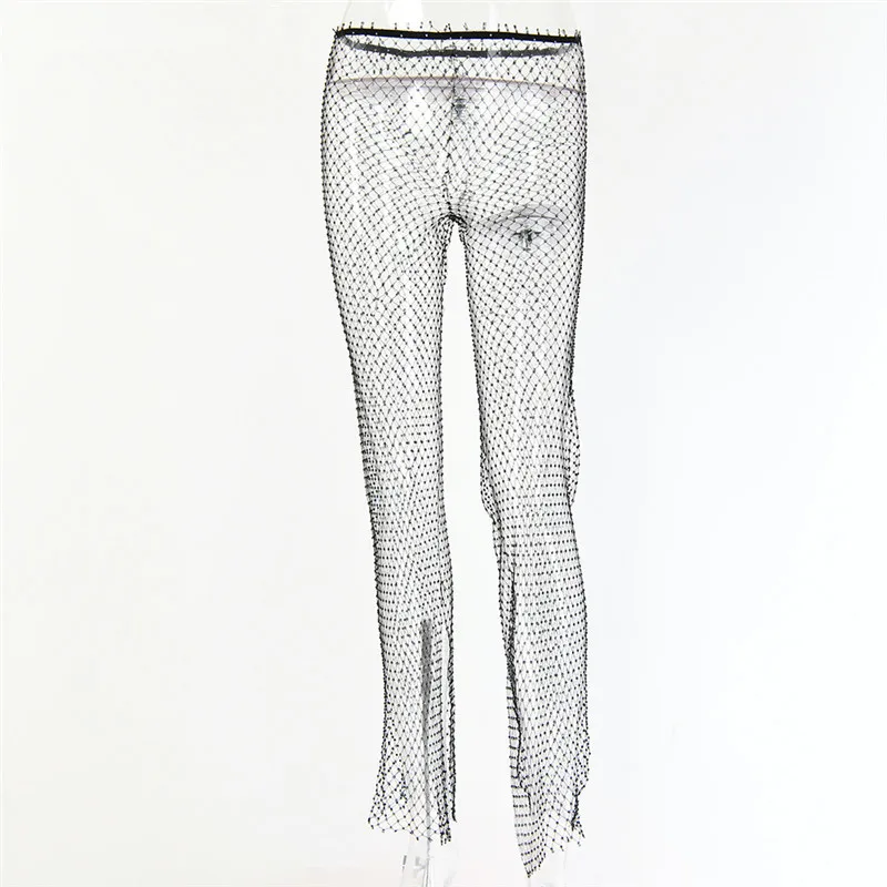 BKLD женские летние пляжные открытые сетчатые брюки прозрачные широкие брюки Сексуальные облегающие Вечерние брюки с бриллиантами Клубная одежда