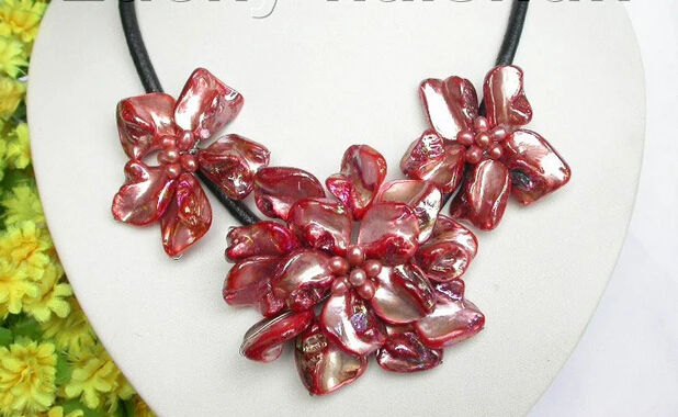 

shipping Genuine Handmade bloom red pearl seashell choker leather necklace j7461
