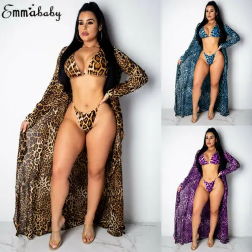 

3PCS Summer Hot Women Leopard Print Bikini Beach Swimwear Cover Up Candigan Suit