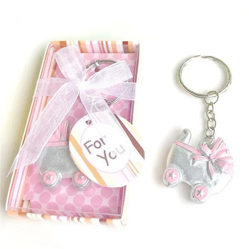 

10PCS/LOT Pink/Blue Baby Carriage Design Key Chains Birth Christening Gift Keychain Favor Baby Shower Favors Souvenir