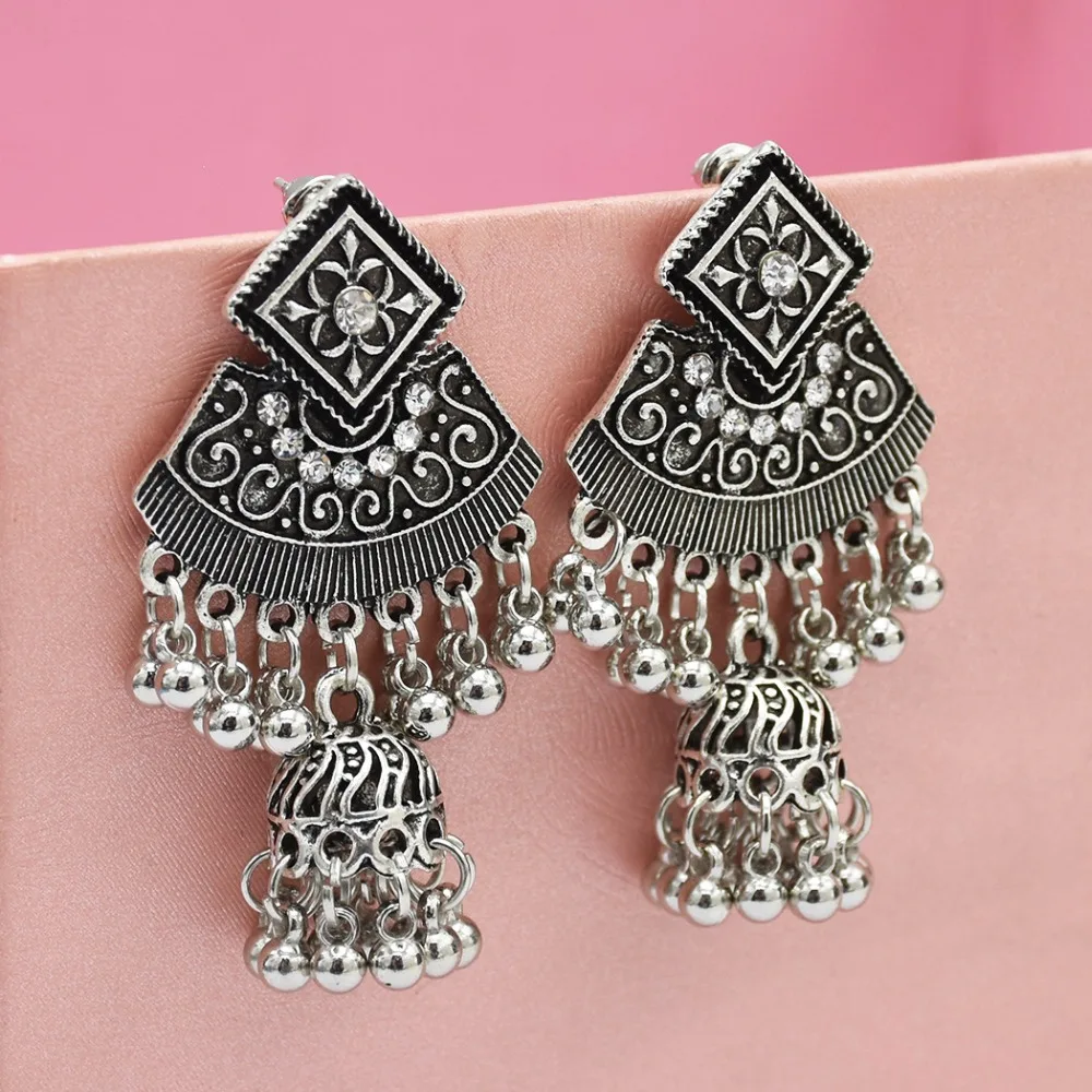 Gypsy Vintage Silver Jhumka Earrings Hippie oxidized Jewelry Geometric ...