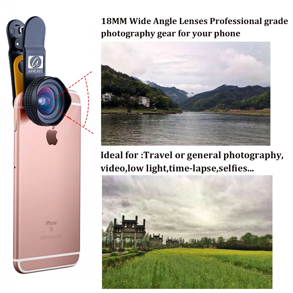 Apexel Optic Pro Lens Super Wide Angle 100 degree High Clarity Cell Phone Camera Lens Kit for iPhone X 8 More smartphones 18MM