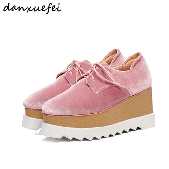 

Women's velvet lace-up wedge platform falts oxfords brand designer square toe leisure comfortable brogues espadrilles shoes sale