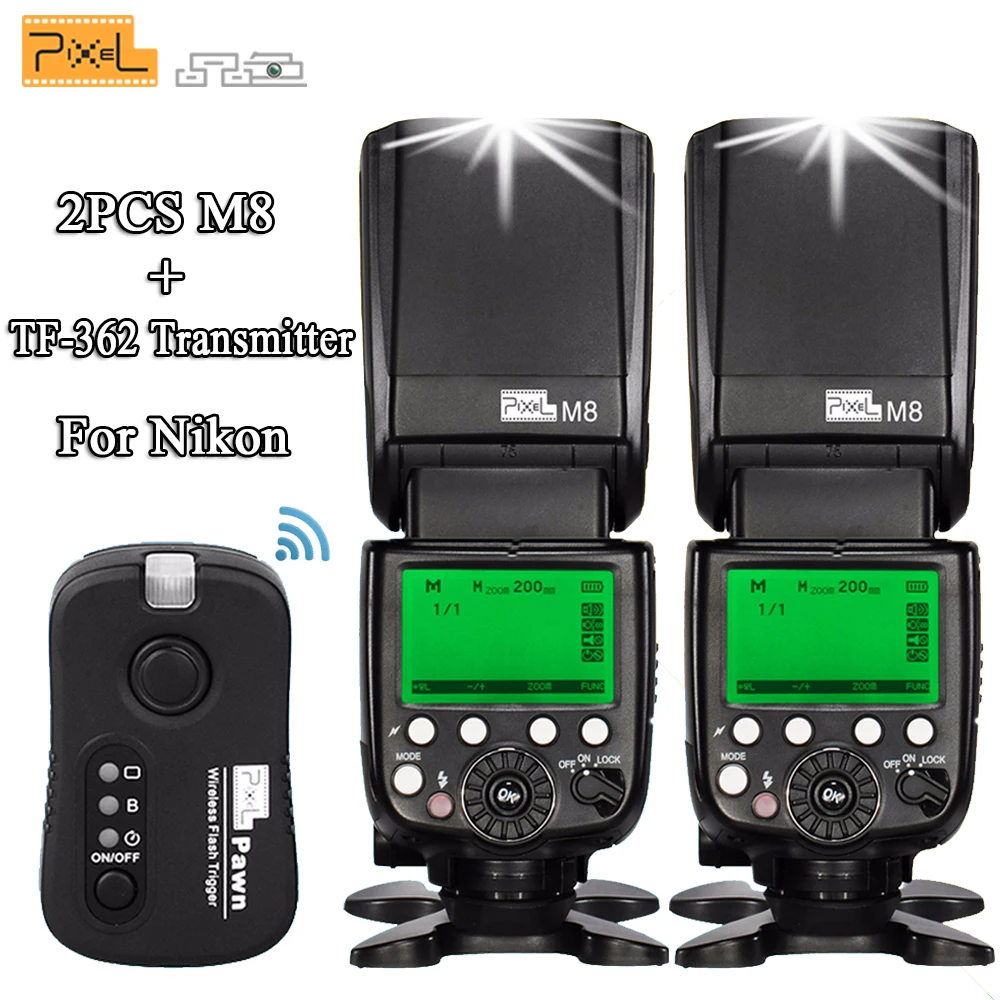

Newest 2PCS Pixel M8 Flash Speedlite Wireless High Speed + TF-362 Flash Trigger Transmitter For Nikon D7100 D3100 D5300 Cameras