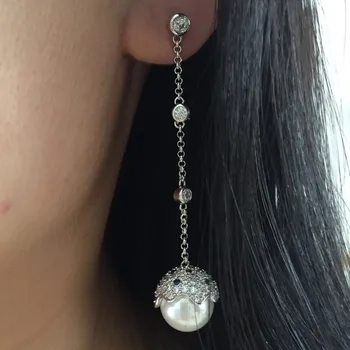 

vintage fashion earring brinco AAA cubic zirconia long tassel green stone pearl dangle earring for women length 6.3cm