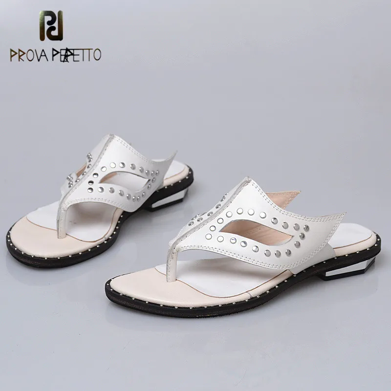 

Prova Perfetto Original Brand Mature Women Slippers Summer New Style Low Heels Cow Leather All-match Solid Color Rivet Slippers