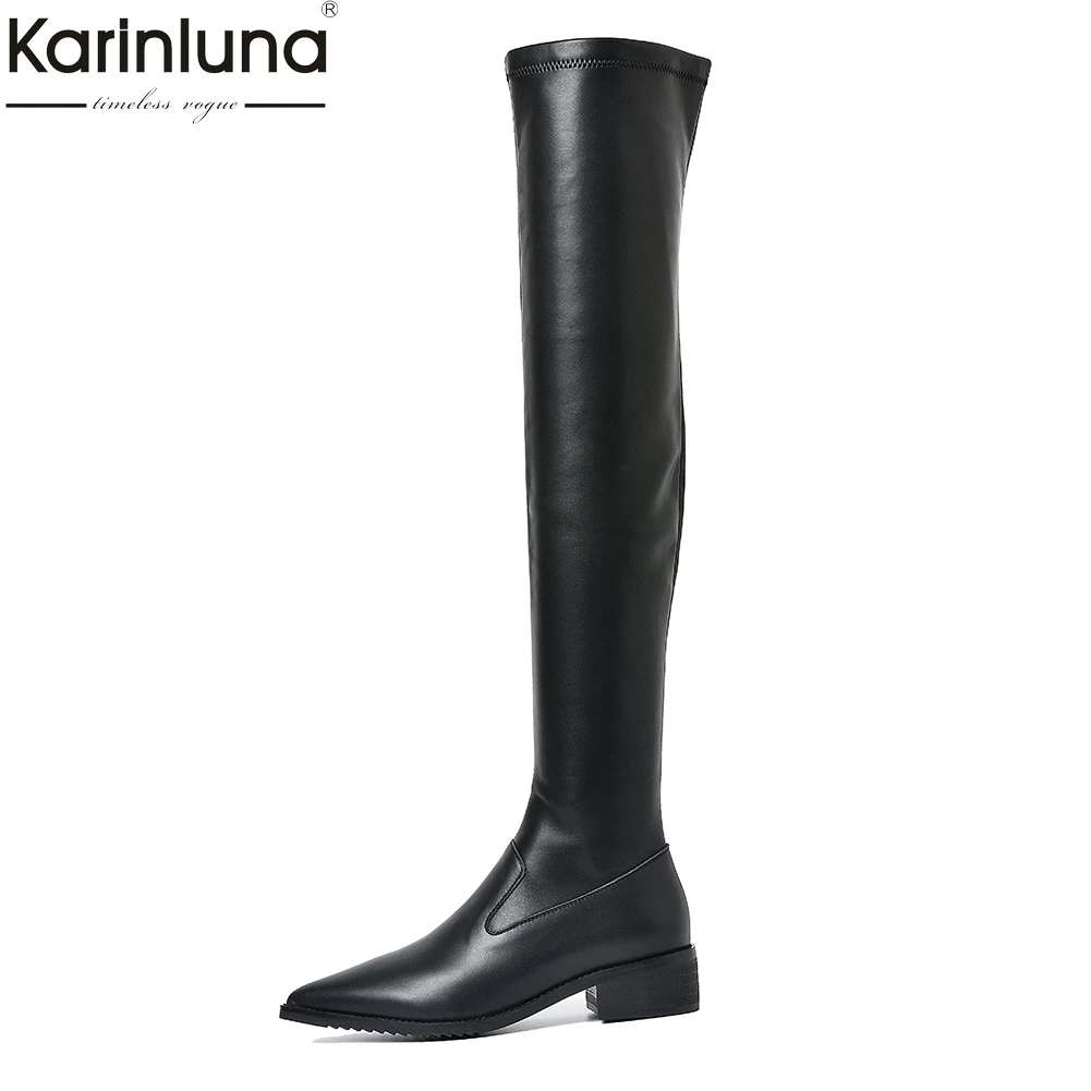 

brand design genuine cow leather chunky heels autumn winter stretch boots woman shoes pointed toe over the knee boots