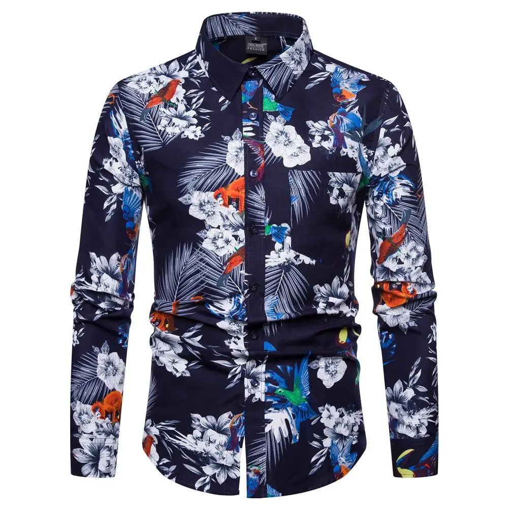 

Long-sleeved Shirt Flower blouse men Hawaiian Shirt Men Dress Floral printed Fashion Camisa masculina Green White