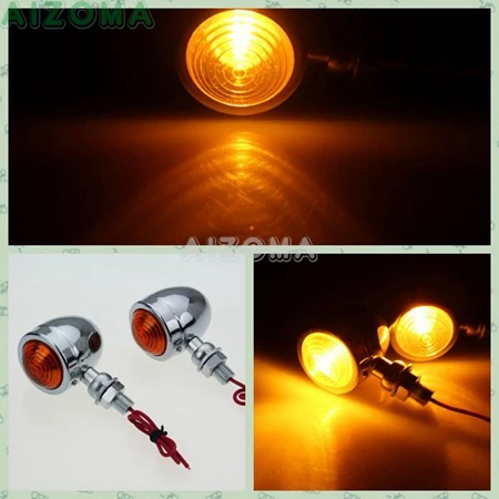 

2x Motorcycle Chrome Vintage Turn Signal Indicators Custom Retro Warning Light Amber Flasher for Harley Chopper Bobber