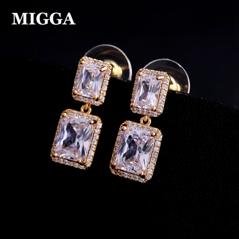 

MIGGA Shining Large Crystal Stone Luxury Zircon Earrings Gold Color Cubic Zirconia Women Brincos Jewelry