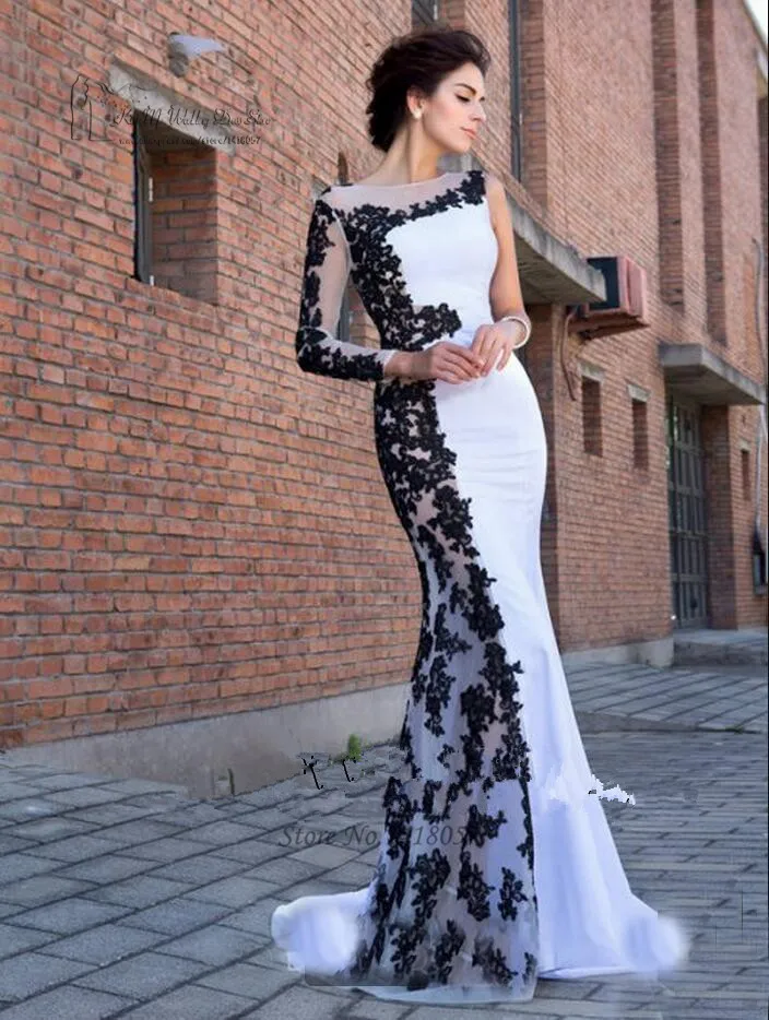 Robe de Soiree Longue White Black Mermaid Evening Dresses Long Sleeve Prom Dress 2017 Formal Women Gowns Lace Abiye Avondjurk Robe de Soiree Longue White Black Mermaid Evening Dresses Long Sleeve Prom Dress 2017 Formal Women Gowns Lace Abiye Avondjurk