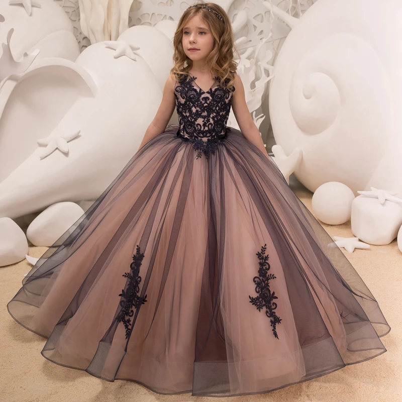 Черный 2018 для девочек в цветочек платья для свадьбы бальное платье v-образным вырезом Тюль Аппликации Детские Длинные платье для первого