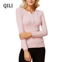 QILI  Autumn Winter Women Fashion Knitted Sweater New Arrival Long Sleeve V-Neck Button Solid Pullover Sweater Tops Female