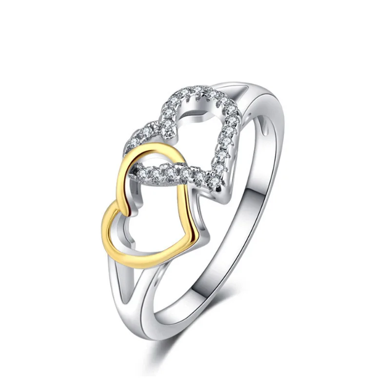 Trendy Double Heart Rings for Women Gold Color & AAA Zircon Fashion Jewelry For Lovers Bijoux Anillos Daily Wear Bague B2300 (2)