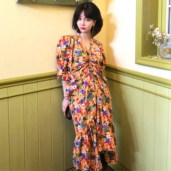 

Beautiful Romantic Flower Print Dress String Up V Neck Puff Sleeve Dress Mermaid Robe Femme Vestido Mujer Vestiti Donna