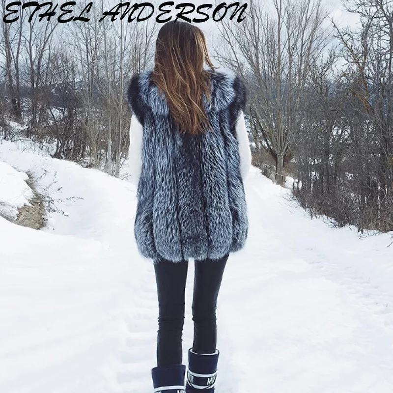 Women Real Fur Vest Natural Silver Fluffy Fox Fur Slim Vests 75CM Lady Genuine Leather Fur Gielts Jacket with Invisible Pockets