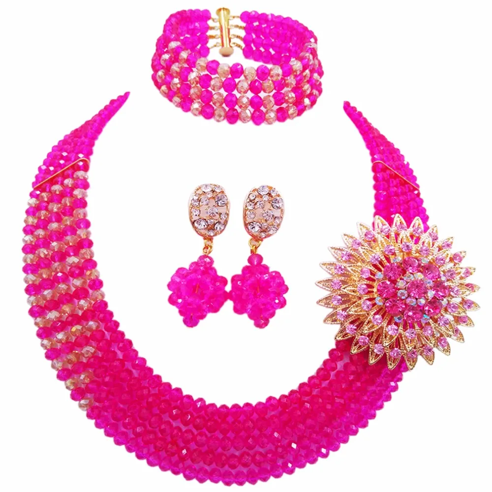 

Fashion Fuchsia Pink Gold Multi Strands Statement Necklace Nigerian Wedding African Beads Jewelry Set Crystal 5JZ06