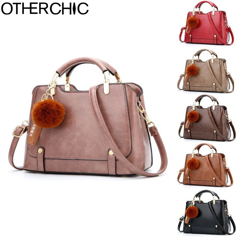 

OTHERCHIC Fashion Women Bag Black Wax Leather Top-Handle Tote Handbags Women Brown Hair Ball Messenger Bag Crossbody Bag 8N12-01