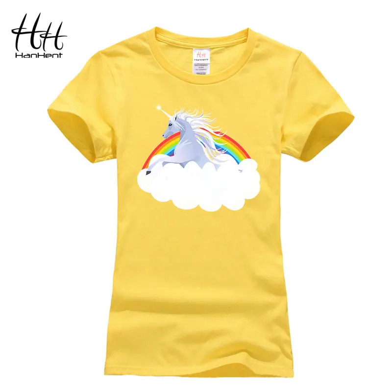 HanHent 100% القطن يونيكورن T قميص المرأة كم قصير نحيف المحملة الشارع الشهير مضحك المرأة تي شيرت عارضة قميص الفتيات