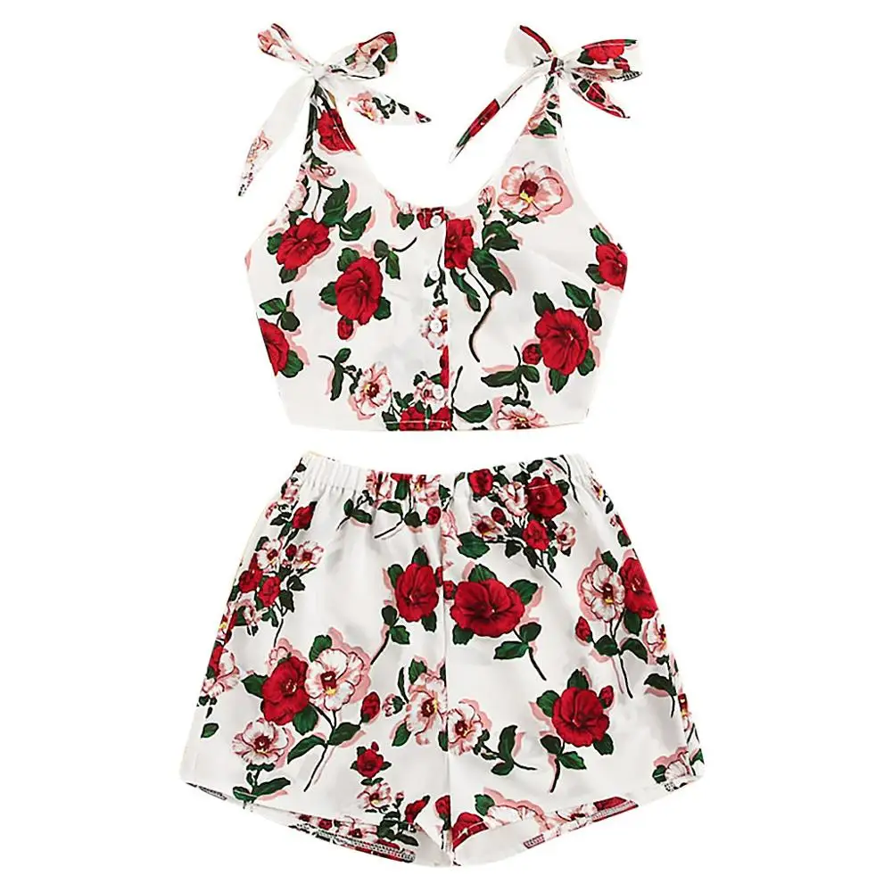 

2PCS New Fashion Summer Women Casual Floral Print Knot Crop Top Vest+Shorts Set Hot Sale Ladies Beach Suit For 2019