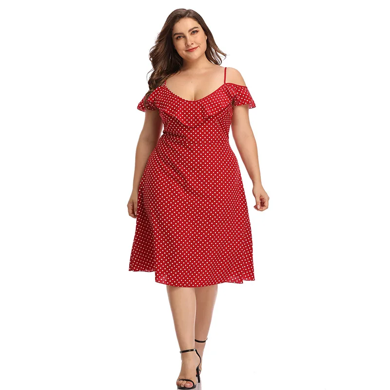 

Red Polka Dot Print Dress Plus Size Women Summer Ruffles V Neck Short Sleeve Off Shoulder Dress High Waist Tunic Beach Dresses