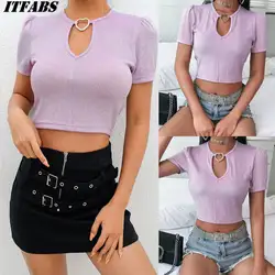 Itfabs женские футболки с короткими рукавами 2019 Летние повседневные эластичные облегающие топы фиолетовые полые топик, женская футболка