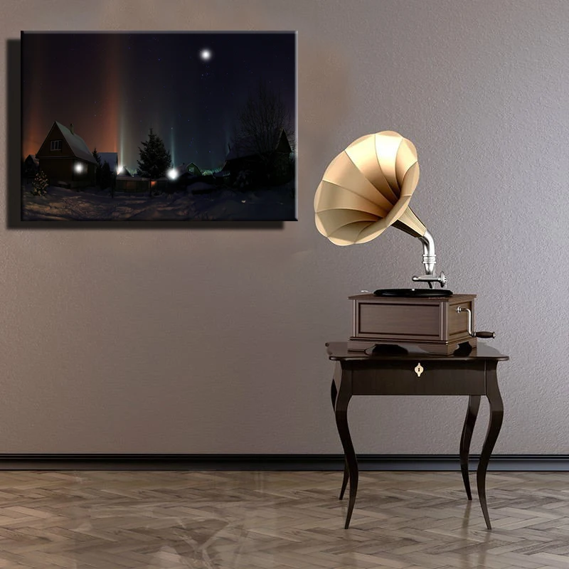 Canvas wall art with led lighted up romantic aurora in Village Cottages
