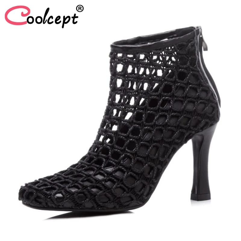 

Coolcept Women High Heel Boots Real Leather Ankle Boots Zipper Round Toe Thin Heel Hollow Out Shoes New Footwear Size 33-40