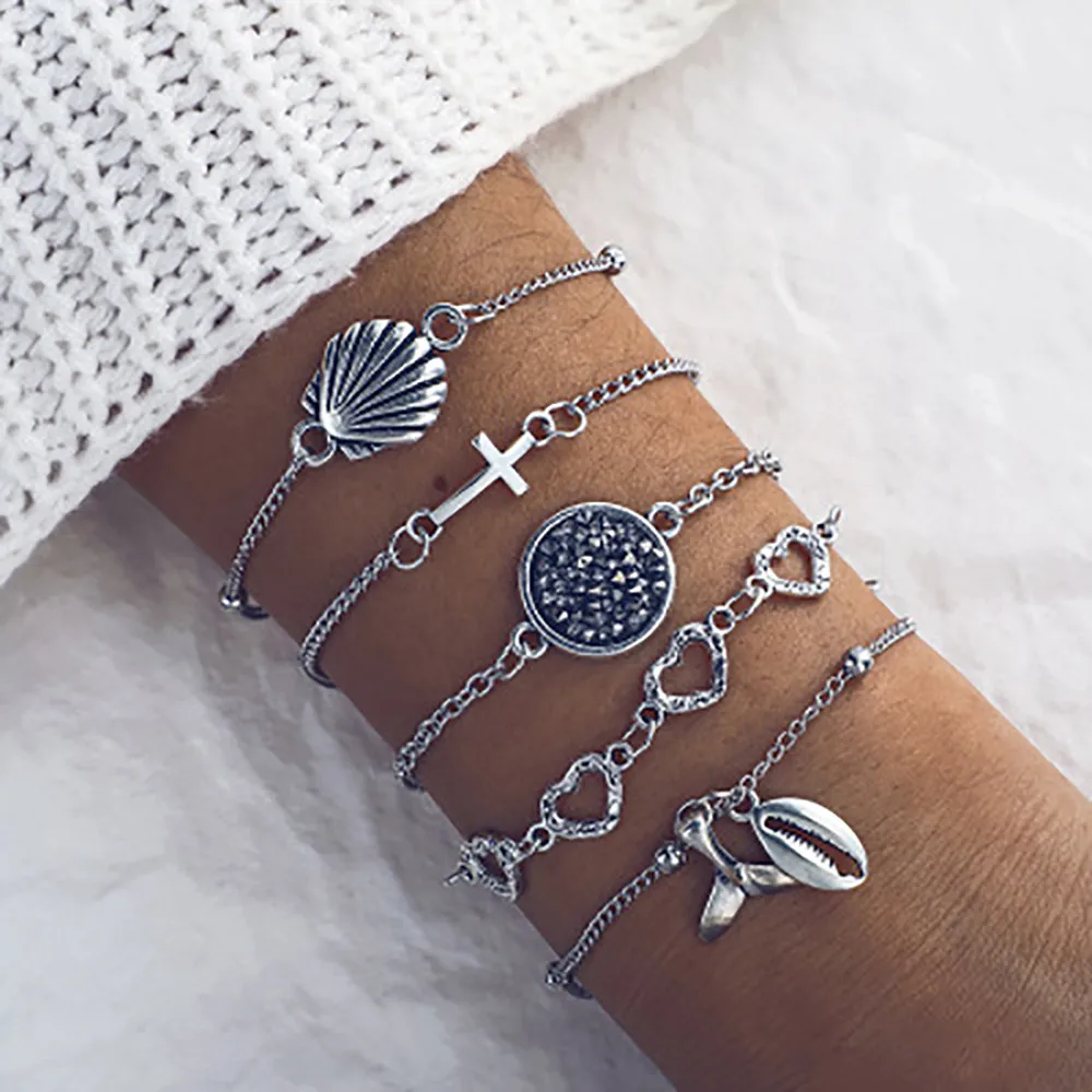 

5pcs Boho Style Beach Wind Shell Cross Hollow Love Conch Fishtail Alloy Chain Bracelets Set for Women Jewelry Bijoux Drop Ship