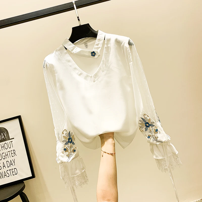 MUMUZI Femininas Blusas женские блузки весна осень модные сексуальные облегающие рубашки, Топы Цветочные с длинными рукавами v-образным вырезом для отдыха белые