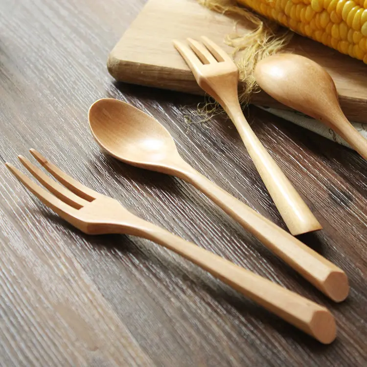 2pcs Wooden Spoon Fork Set Creative Natural Wood Fork Spoon Wooden Cutlery Set Coffee Tea Spoon Salad Fruit Fork Wooden Flatware (6)