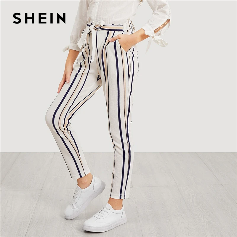 SHEIN/университетские леггинсы в полоску с поясом для девочек; коллекция года; сезон весна; Модная одежда для активного отдыха; брюки; повседневные штаны; детская одежда для девочек