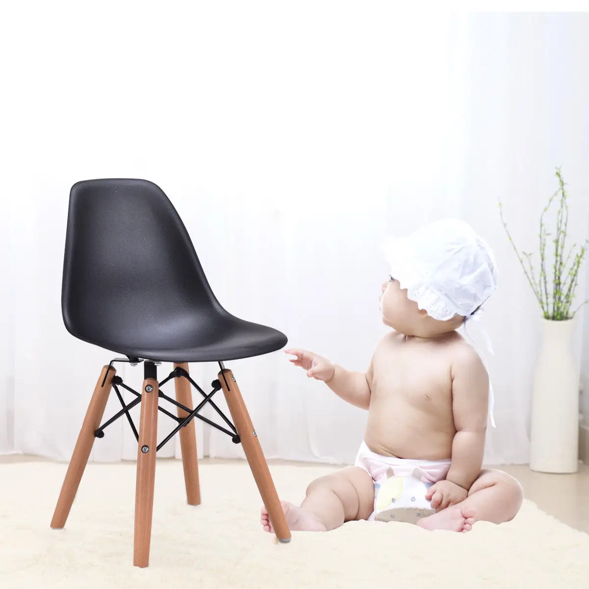 Giantex Modern Kids Dining Chair Children Side Armless Chair Molded Plastic Seat Wood Legs Children Furniture HW56499BK